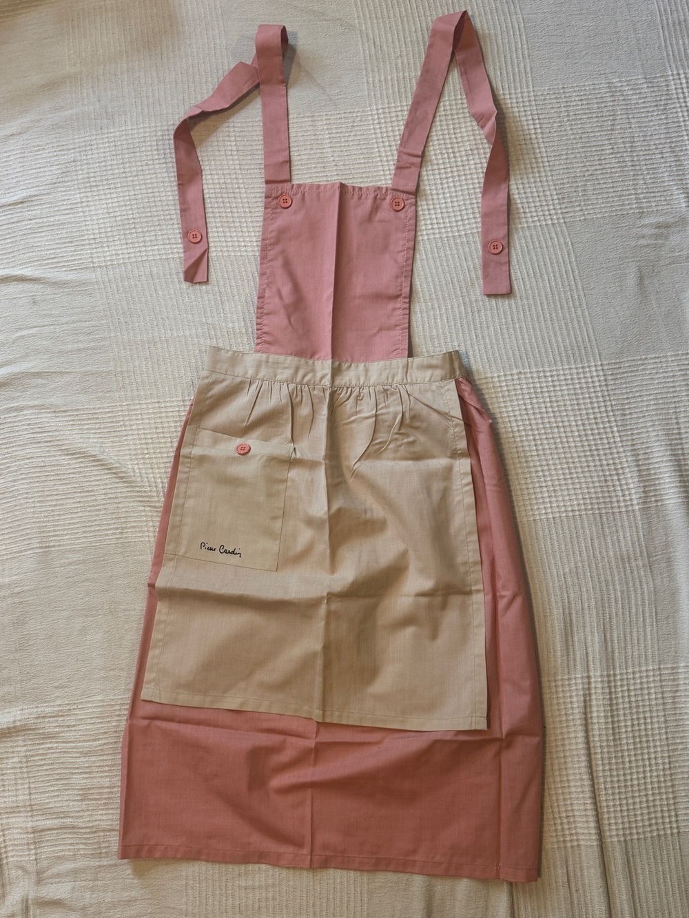 Pierre Cardin Vintage 70s Pink and Beige Cotton Tablier Apron Made in Japan